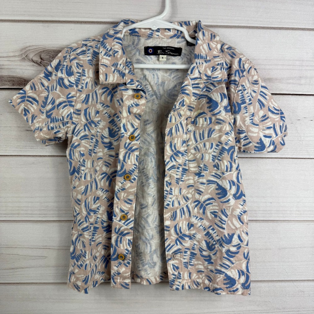 Ben Sherman Kids Linen Blend Button Down Shirt, Tropical Leaf Print, Size 5